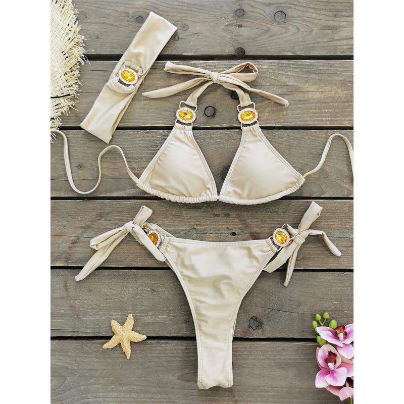 Luksusowy Bikini 2025 Kobiety Neonowy Zielony Gradientowe Dżety Push Up Mikro Kostium Kąpielowy Plażowy Kostium Kąpielowy Diamentowy Pasek 3-częściowy Strój Kąpielowy