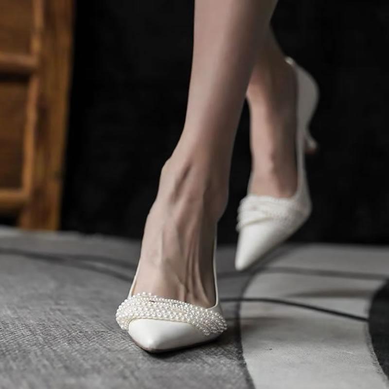 French Single Shoes Women's 2025 Autumn Niche Pearls Shallow Mouth Pointed High Heels Stilettos Fashion All-match Personality
