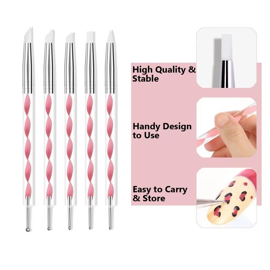 5Pcs 2 Way Nail Art Acrylic Silicone Point Flower Nail Pen Stainless Steel Dotting Tools Marbleizing Painting Pens