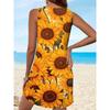 Women'S Casual Boho Style Floral A-Line Mini Dress with Sunflower Print, Sleeveless, Round Neck, And Included Tassel Necklace, Imported Design