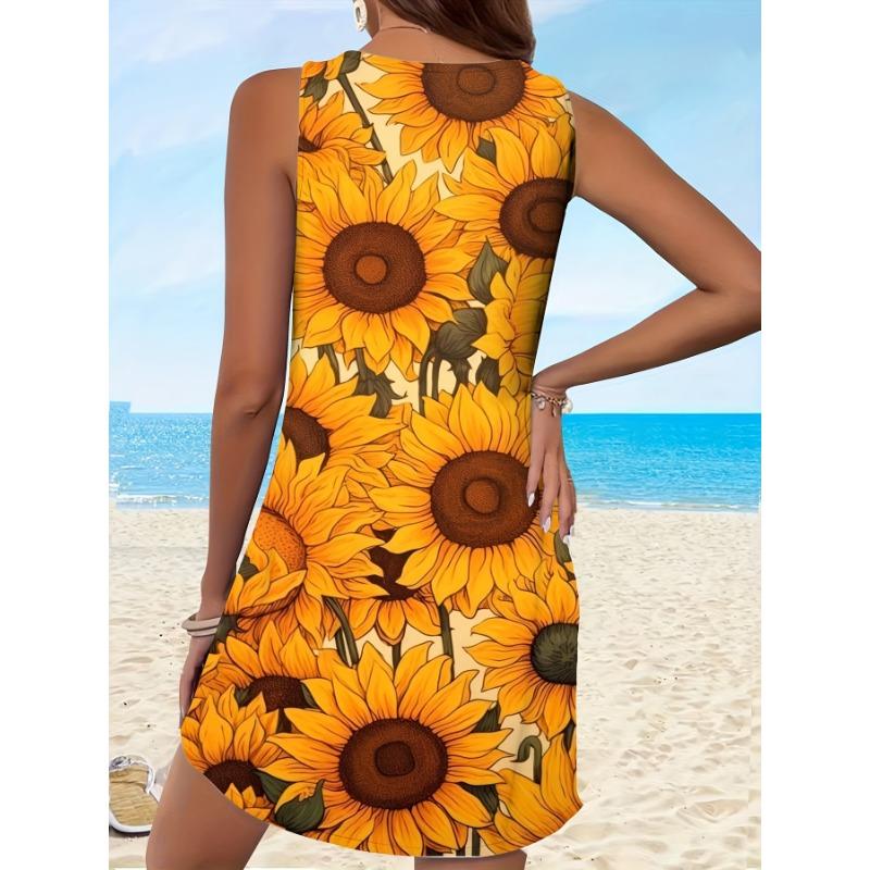 Women'S Casual Boho Style Floral A-Line Mini Dress with Sunflower Print, Sleeveless, Round Neck, And Included Tassel Necklace, Imported Design