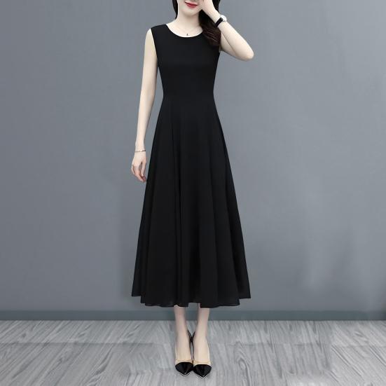 Women Sleeveless Midi Dress Summer Crew Neck Flowy Long Dress Beach Casual Pleated Swing Tank