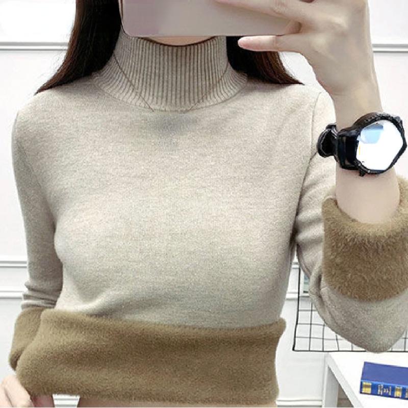 Pulover cald coreean Pulover Femei Iarna Subțire Îngroșare Pluș Căptușit din catifea Tricoturi Jumper Jumătate Gât țesut Poleras Topuri din tricot moale