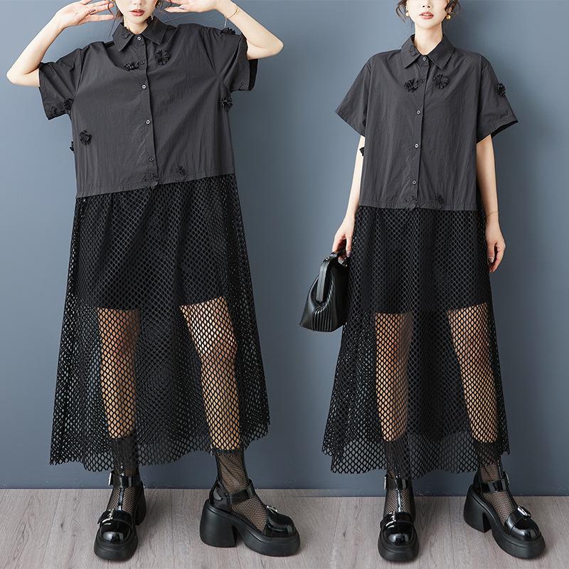 New Real Shot 3D Floral Patchwork Mesh Fake Two-Piece Shirt Dress Plus Size