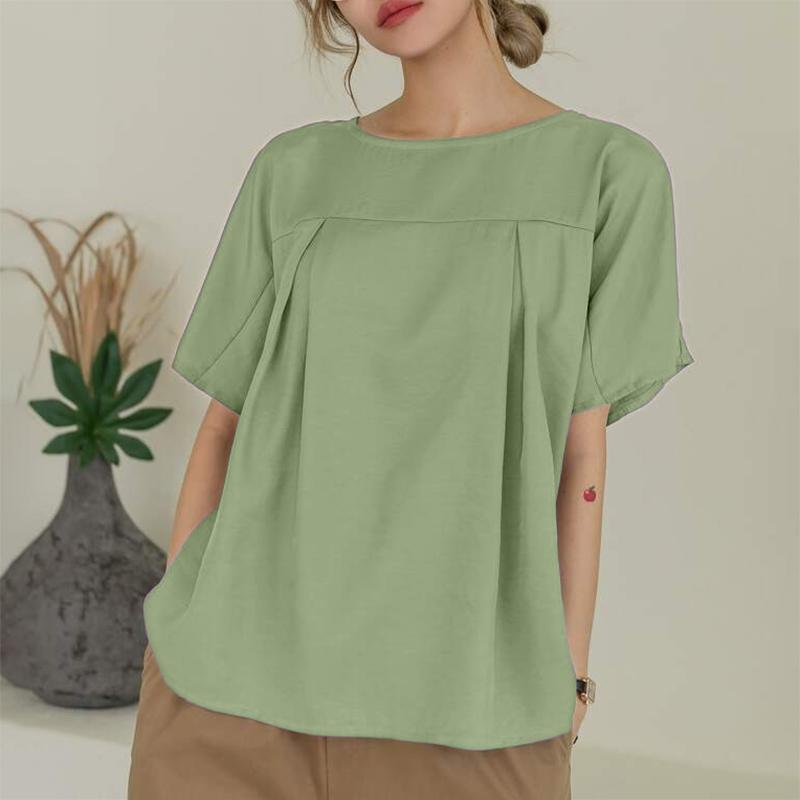 

ZANZEA Женская повседневная блузка с круглым вырезом, однотонная, с коротким рукавом 4XL