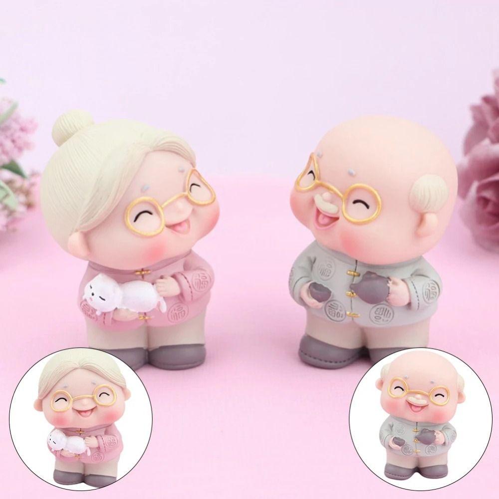 Cartoon Old Couple Figurines Cute Longevity Cake Ornaments Grandparent Statue  Office