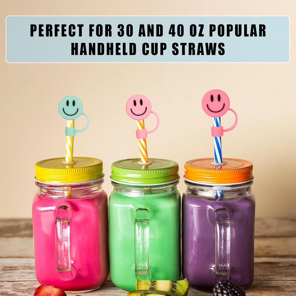 Whaline 6Pcs Smile Face Straw Covers Pink Green Silicone Reble Round Straw Topper Gradient Color Double Sided Pattern Straws Tips Covers 10mm 0.4