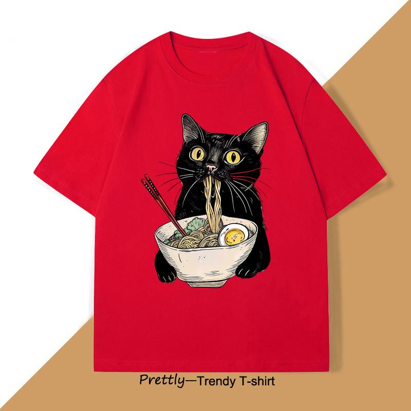 

Noodle Cat T Shirt Ramen Cat T-Shirt Foodie Lover Graphic T Shirts Retro Printing Men Women Tshirt Cotton T-Shirts Loose Clothes M
