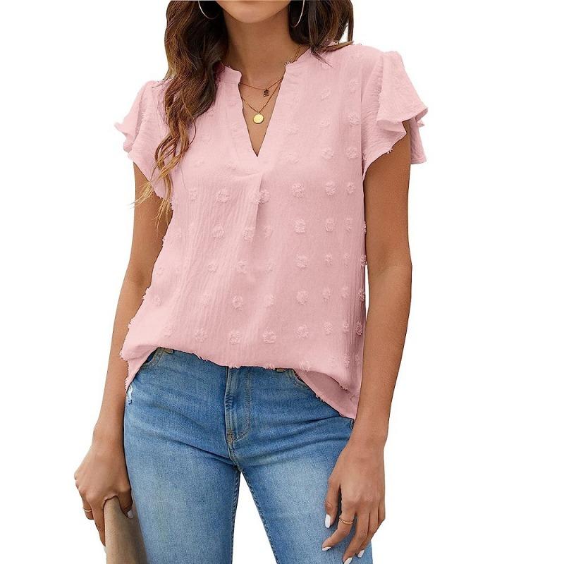 GMXIA Women's Fashion Casual Leisure Summer Solid Color Print Short Sleeve V-Neck Blouses & Shirts