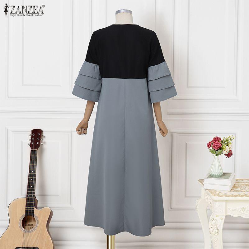 ZANZEA Women Casual V-neck Ruffles 3/4 Sleeve Loose Long Dress