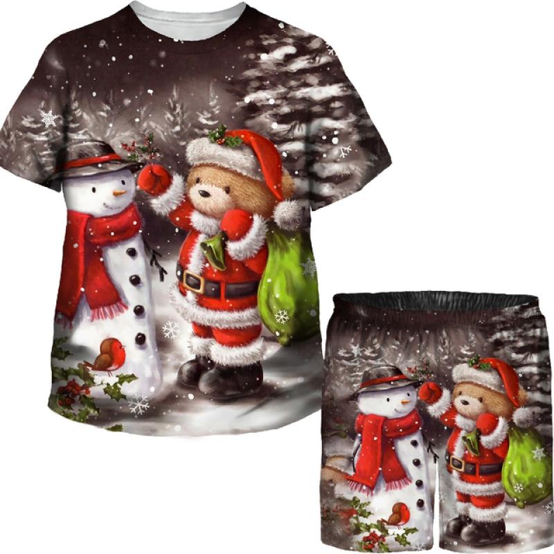 Boys Girls Funny Christmas T Shirts Shorts Sets Xmas Santa Claus 3D Printed Tees/Suits Kids Holiday Party Vacation Clothing Set