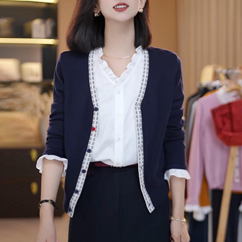 Luxury Knit Cardigan with Wood Ear Trim: Two-Piece Layered Women's Sweater for Autumn/Winter 2025