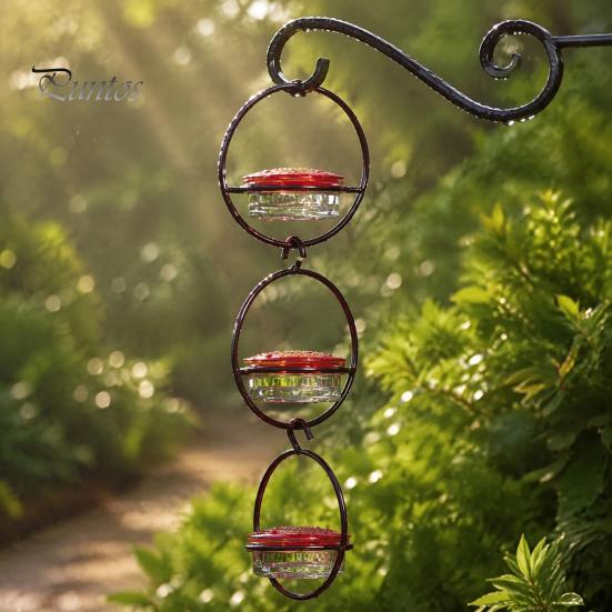 Clear Glass Bowl Bird Feeder Metal Hanging Hummingbird Feeders for Outdoors, with Red Garden Decor Lovers & Perch, Decorative Patio Deck Wild Feeding