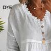 Women Shirt V-Neck 3/4 Sleeve Loose Fit Lace Splicing Tops Solid Color Loose Fit Breathable Casual Shirt