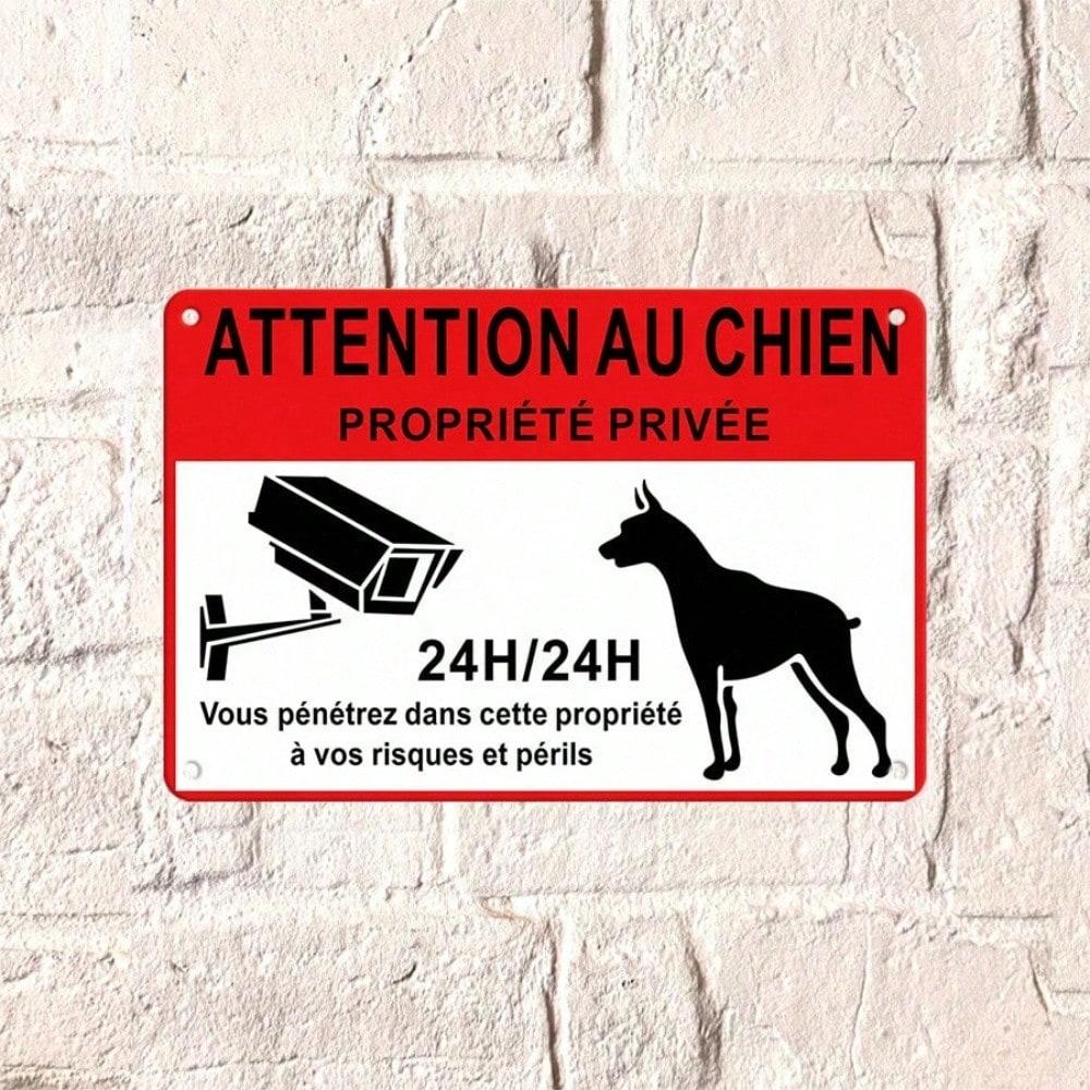 1PC Vintage French Dog Warning Tin Sign, Attention Au Chien Propriete Privee Metal Plaque, Retro Security Camera Canine Art