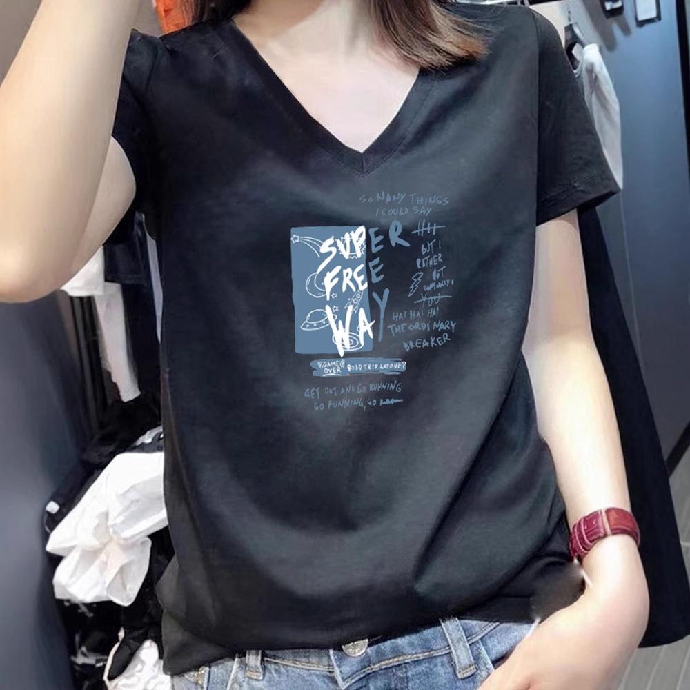 

Women s Summer Cotton Letter V-Neck Short Sleeve T-Shirt Versatile Top Tide S