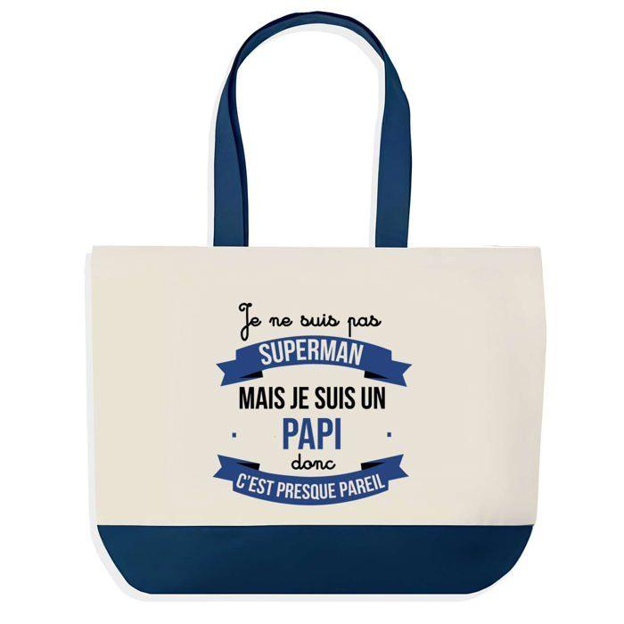 Sac shopping fond bleu Papi Superman Grand-Père Pépé Fête des Grand-Pères Cadeau Anniversaire Noël | Grand Sac Courses Cabas