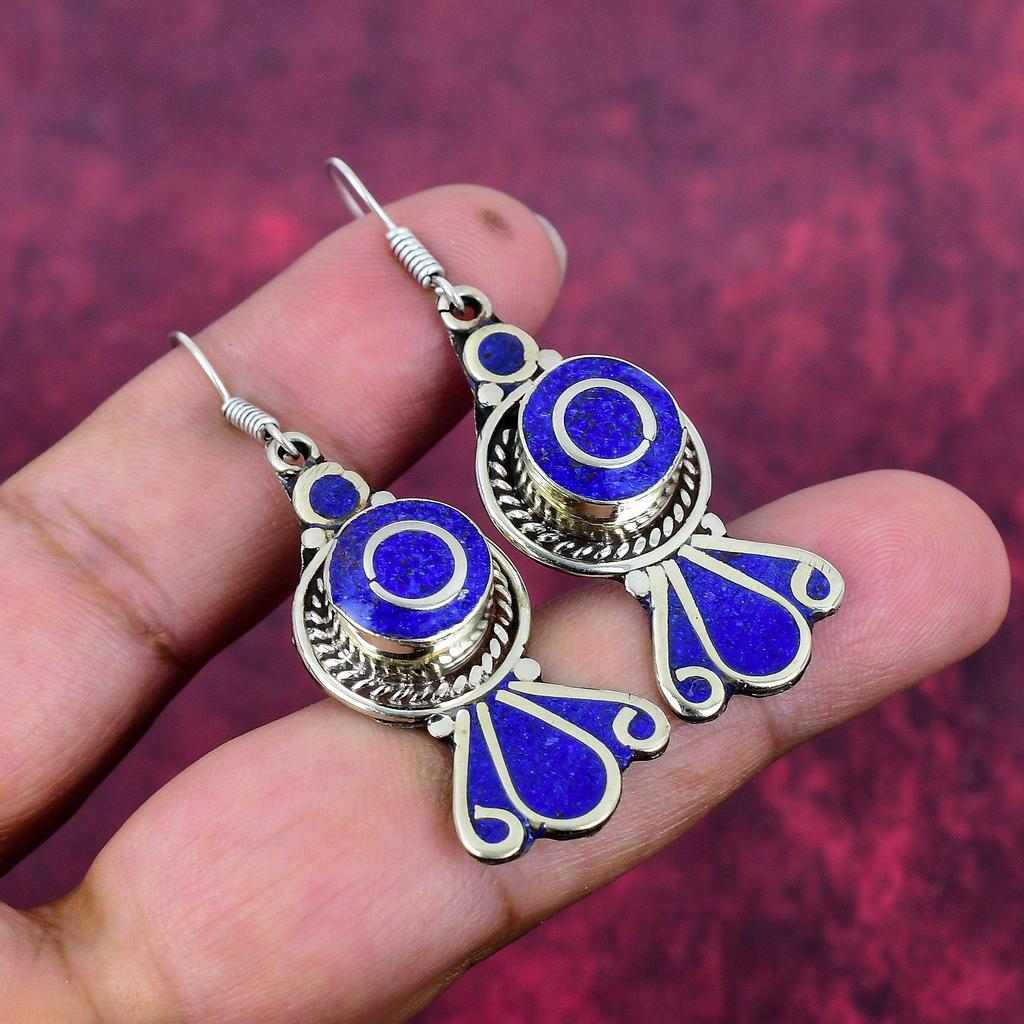 Lapis Lazuli 925 Solid Sterling Silver Earrings, Handmade Gemstone Nepali Earrings Jewelry, Gifts For Wife Brand New Earrings