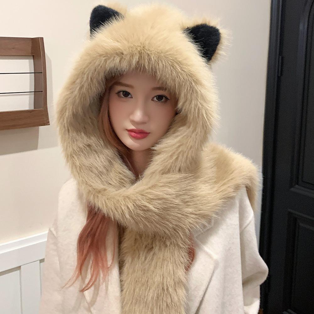

Зимняя шапка в форме лисьего уха, интегрированная шапка-шарф, мягкая плюшевая утолщенная шапка-бини, повседневная ветрозащитная теплая шапка для женщин