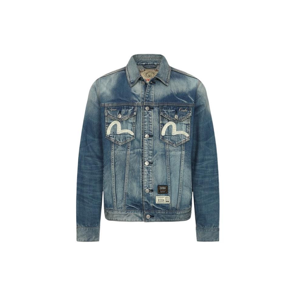 Evisu FW22 Letter Logo Printed Wash Single-Breasted Collar Denim Jacket Men Jackets Blue 2EAHTM2DJ716XXCT