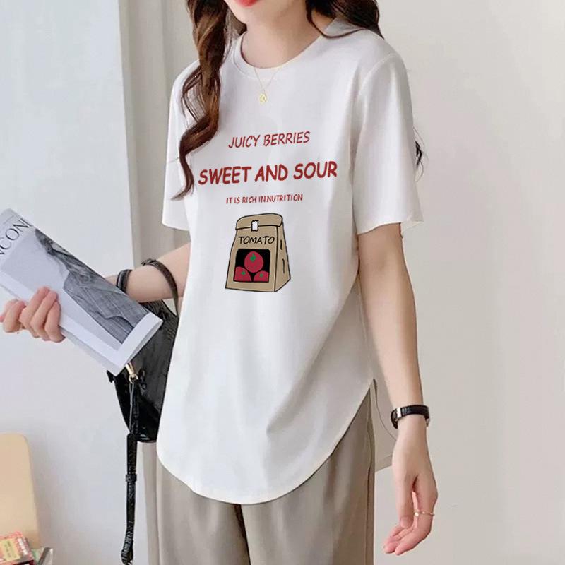 Czarny T-shirt z krótkim rękawem dla kobiet Czysta bawełna Lato Nowy Zakrzywiony dół Średniej długości Zakrywający pośladki Top