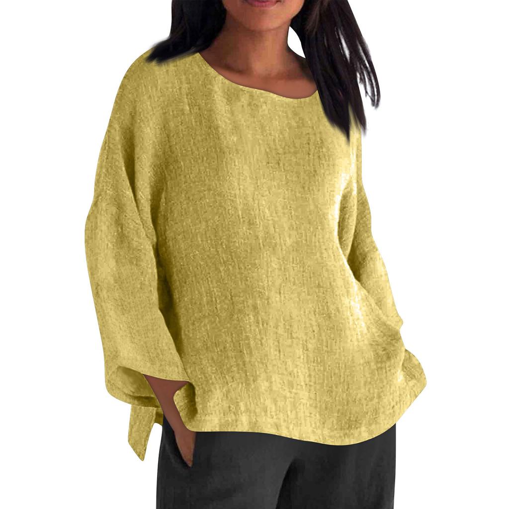 Long Sleeved Round Neck Solid Color Top Cotton and Linen Women’s Blouses & Shirts
