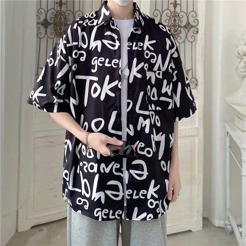 Men's Harajuku-Style Retro Floral Short-Sleeve Shirt: Hong Kong Ulzzang Beachwear with Sun Protection, Perfect for Couples.