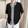 INCERUN Oversized Men Lapel Neck Half Sleeve Patchwork Casual Shirts