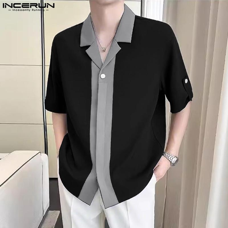INCERUN Oversized Men Lapel Neck Half Sleeve Patchwork Casual Shirts