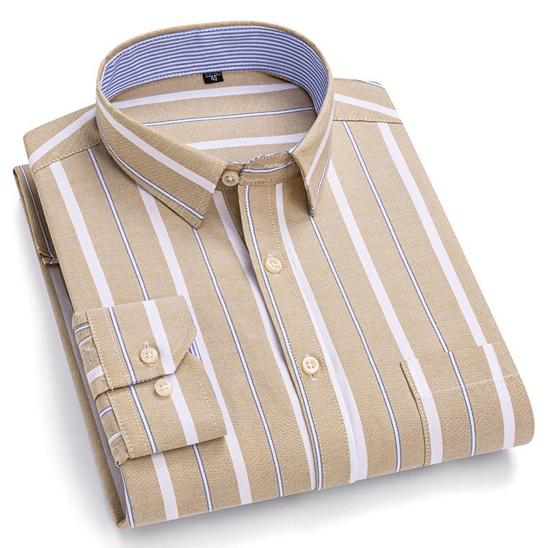 Autumn New Striped Long Sleeve Shirt Cotton Oxford Spinning Washed Casual Men's Cardigan Button Neck Shirt