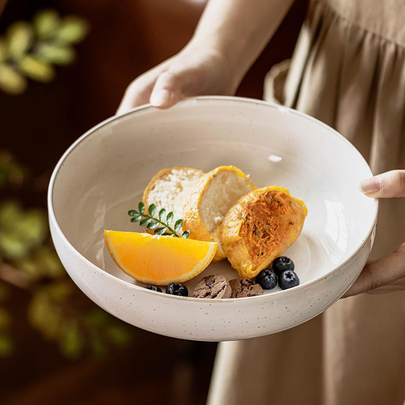 Deep Plate Round Plate Sesame Glaze Plate Retro Style Ceramic Plate Tableware Household Vegetable Plate Fruit Salad Plate