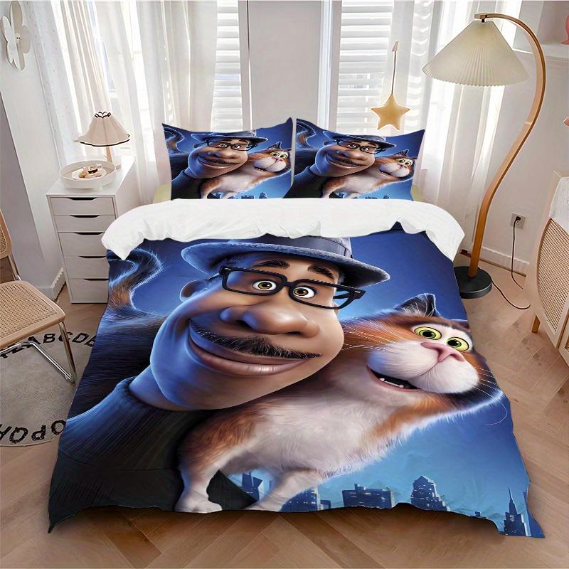 3pcs Soul Cat & Man Quilt Set, Soft and Comfortable Bedroom, Guest Room and Dorm Decor Bedding Set 1 Quilt Cover + 2 Pillowcases.Q085