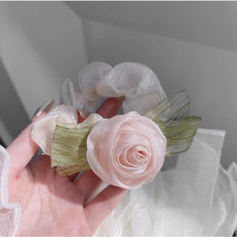 2PCS Elegant Ladies Net Yarn Rose Flower Hair Rope Fashion Elastic Sweet Hair Scrunchies Ties For Women Girls Bride Bridesmaid
