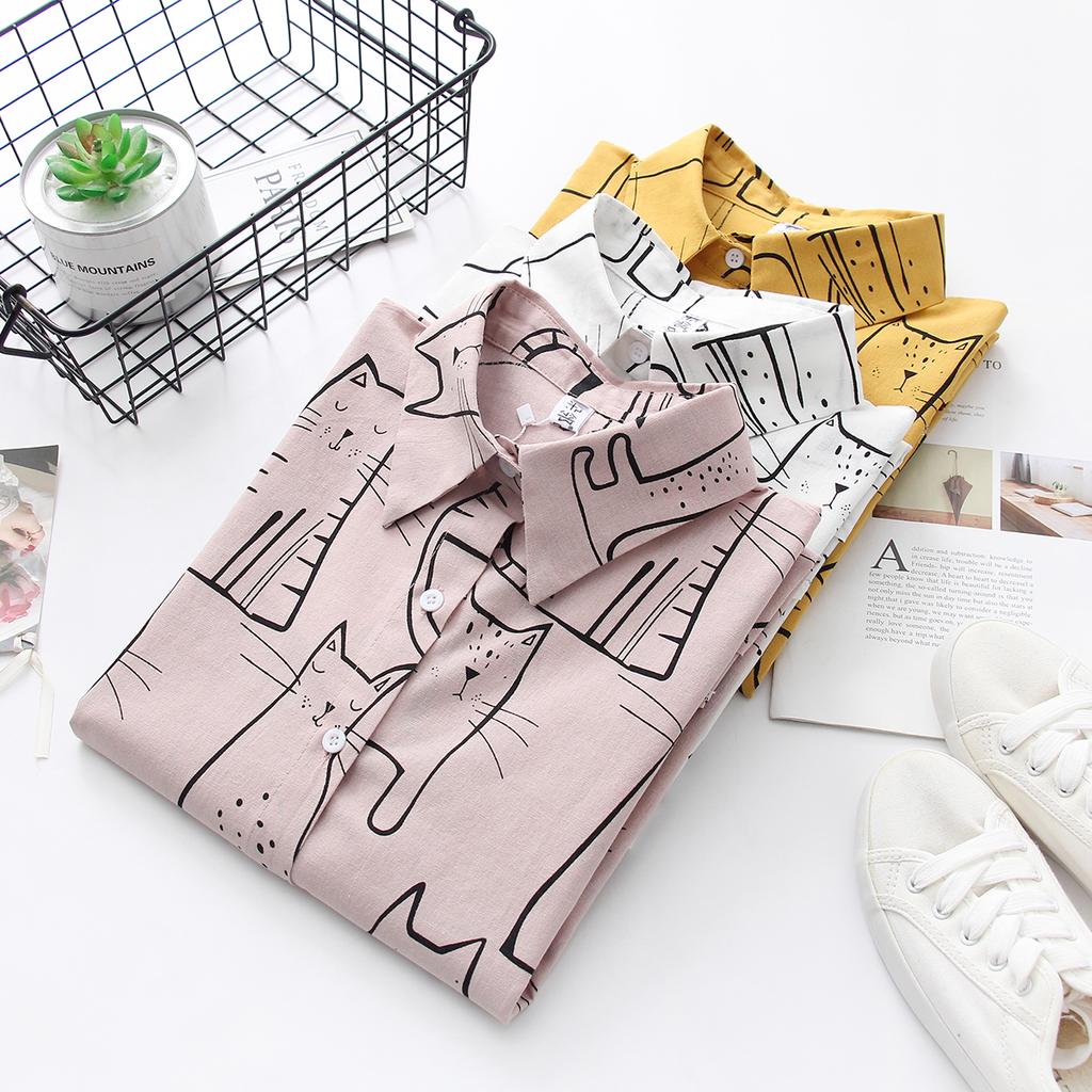 Retro Muster Hemd Damen Langarm Locker Student Vielseitiges Bedrucktes Hemd