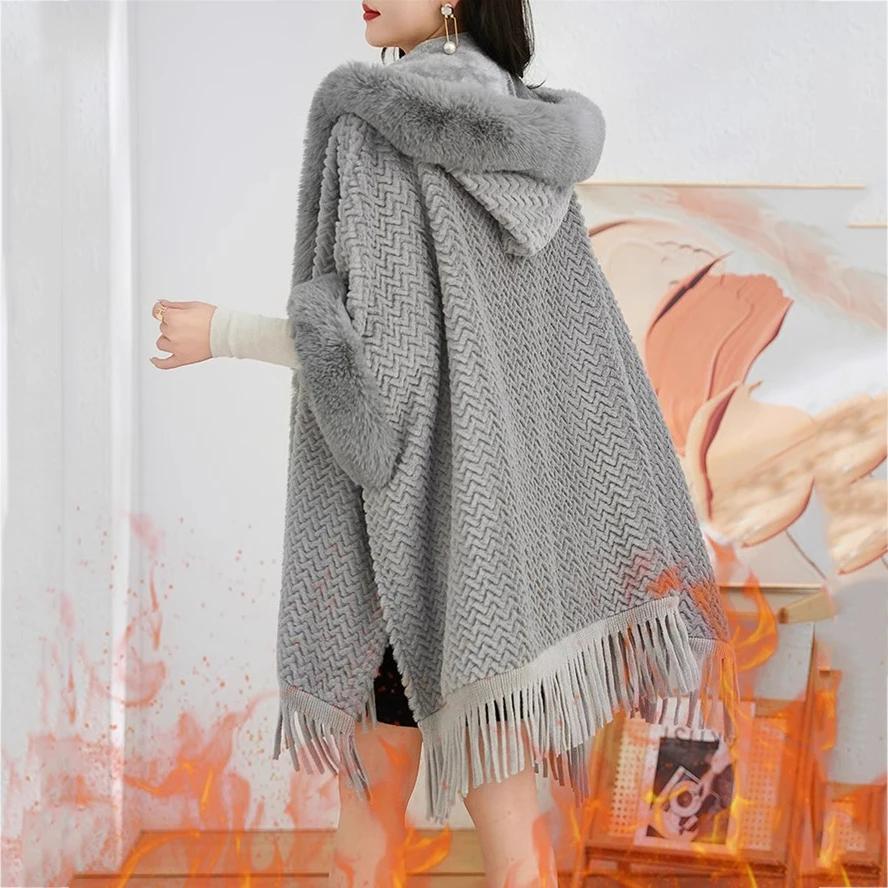 Fashion Soft Plush Faux Fur Cape Coat Hood Women Winter Thicken Fleece Outerwear Long Loose Cardigan Cloak Wraps
