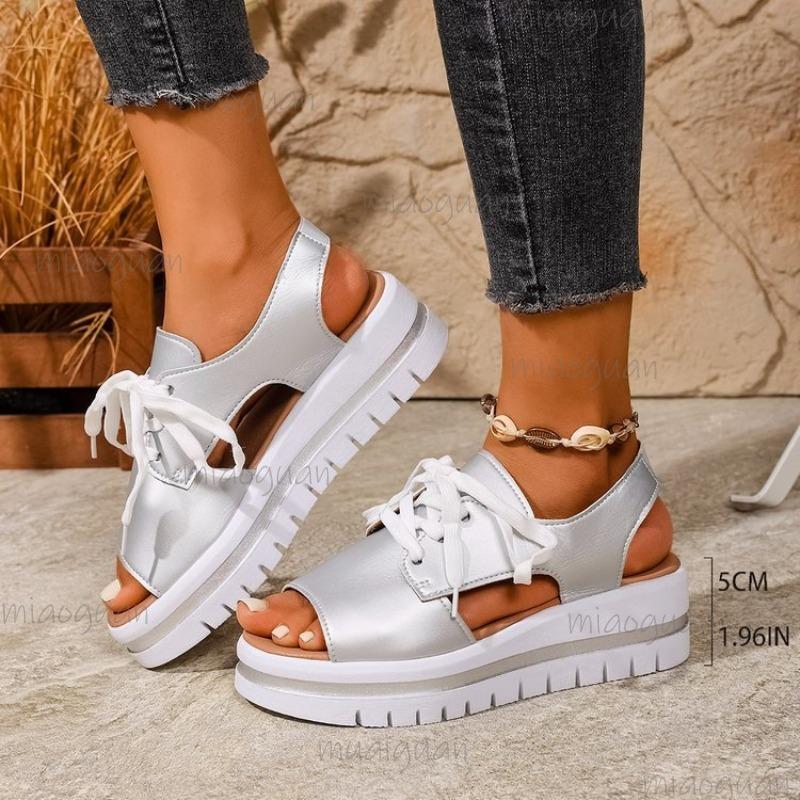 Fashion Thick Bottom Size36-43 Casual Sandals Women Summer Shoes Open Toe Lace-up Beach Wedges Middle Heel Sandales Sandalias Mujer
