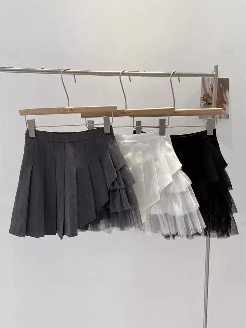 

2024 Korean Style High-Waist Mesh Patchwork Pleated Midi Skirt M