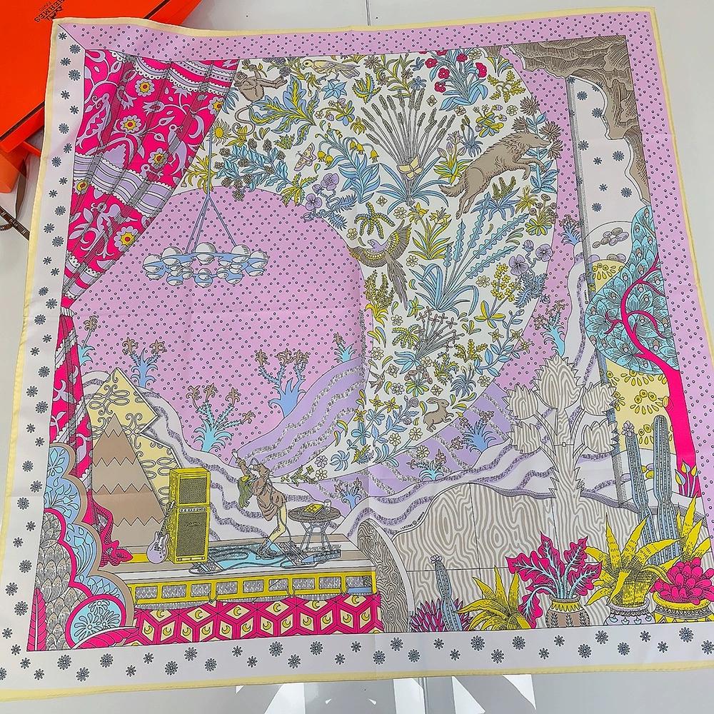 90cm Manual Hand Rolled Twill Silk Scarf Women High-End Window View Print Square Scarves Wraps Silk Foulards Head Hijab