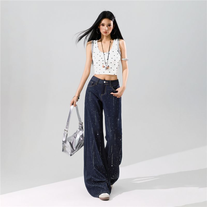 Spring Summer Meteor Full Rhinestone Wrinkle Resistant Four Way Stretch Drape Micro Flare Denim Pants For Women Casual Pants Oversize Denim Trousers