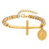 Vnox Heilige Maria St. Benedikt Kreuz Armband für Damen, Edelstahl Goldfarbe Perlenketten Armbänder, Christus Gebets Schmuck