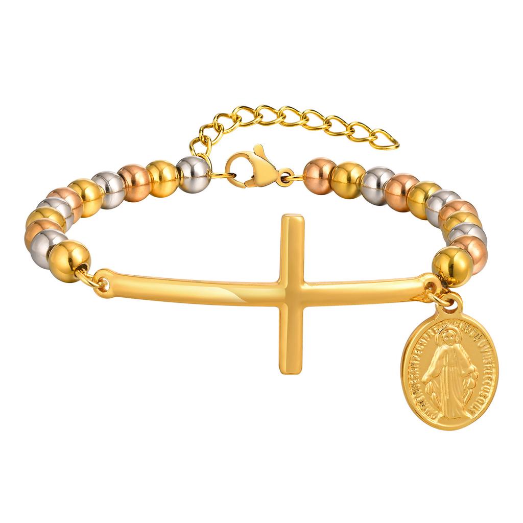 Vnox Heilige Maria St. Benedikt Kreuz Armband für Damen, Edelstahl Goldfarbe Perlenketten Armbänder, Christus Gebets Schmuck