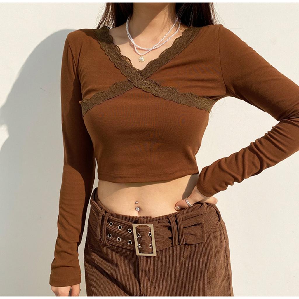 Women's Lace Ribbed Knit Long Sleeve T-shirt, Solid Color Bodycon Cropped Top, Streetwear Fashion