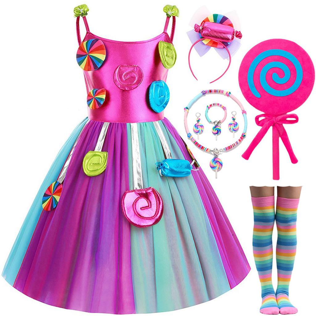 Purim Festival Suspender Rainbow Dress For Girl Candy Lollipop Costume Party Gift Candy Dress + Lollipop Accessories Suit