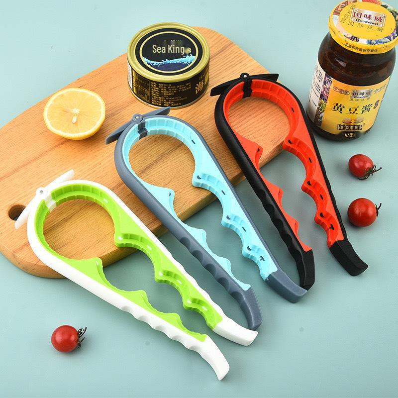 Versatile 4-in-1 Opener: Bottle, Can, Lid, and Screw Cap Remover.
