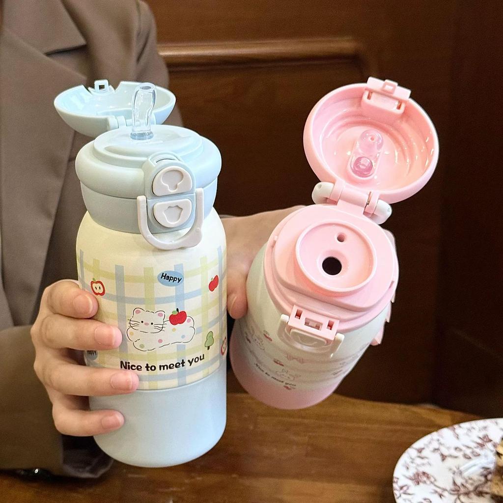 Portable Three-Way Kids Thermos Cup with Straw - Cute Cartoon Design