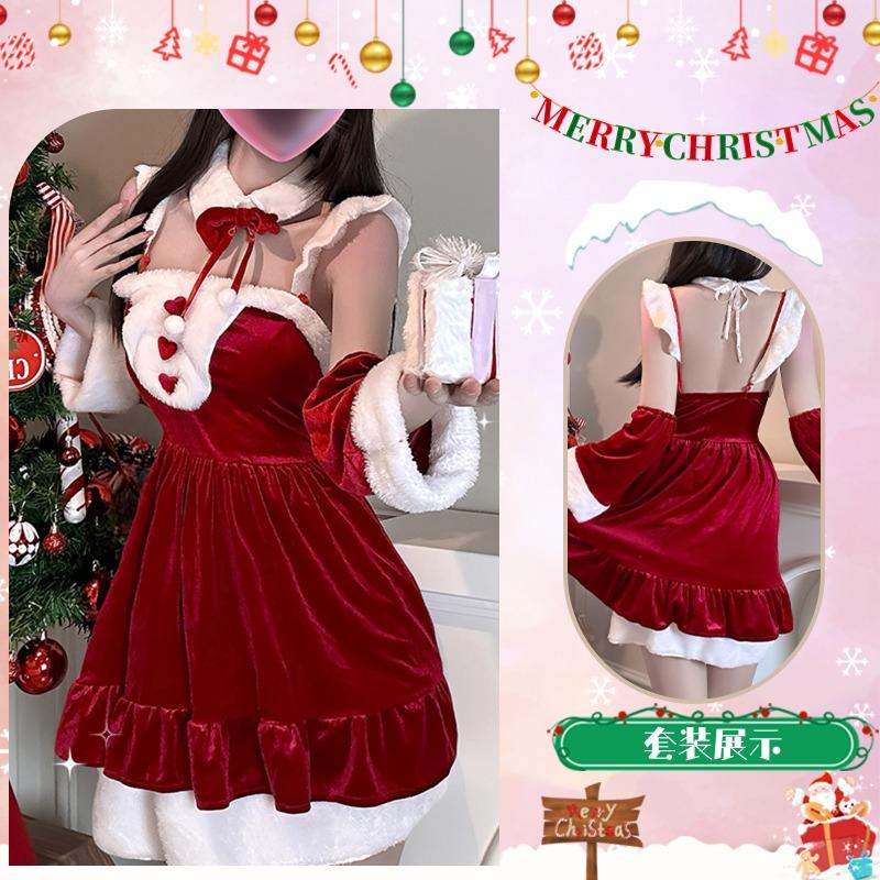 

Christmas dress women s four-piece winter new design sense fungus edge bow fried street suspender skirt One size
