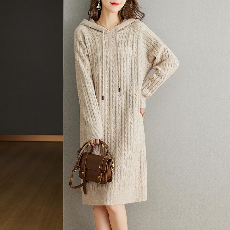 Autumn and Winter New Hooded Casual Medium and Long Dress Women's Fashion Knitted Large Size Loose Pullover Sweater Women