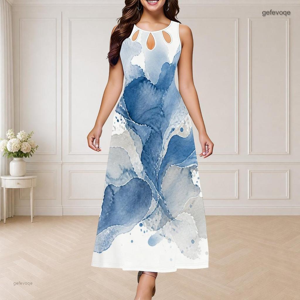 Women Plus Size Round Neck Triple Keyhole Cutout Sleeveless Printed Blue Beige White Long Maxi Dress