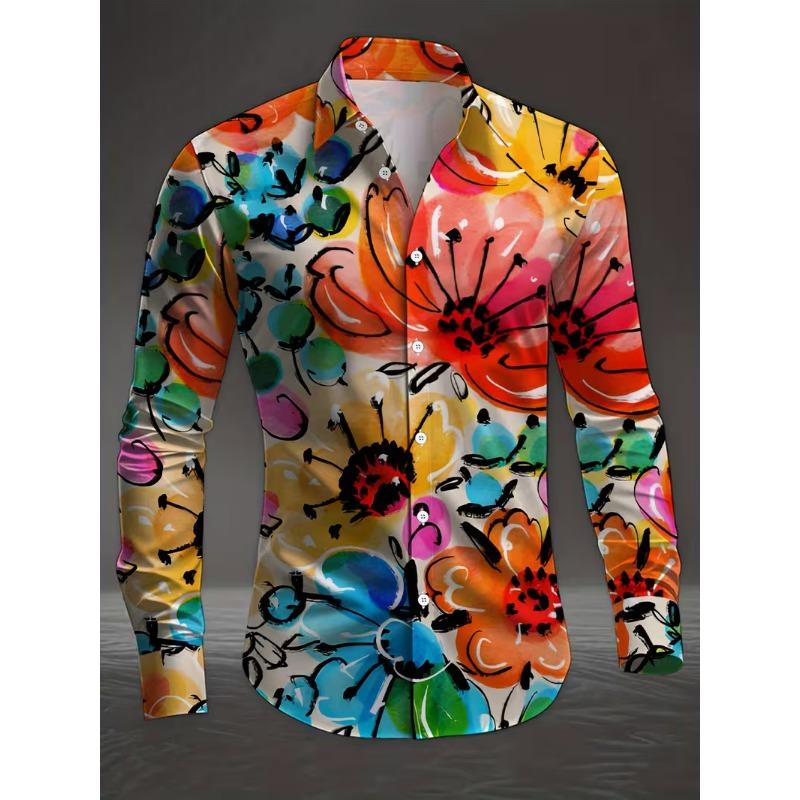 New men's fashionable 3D animal printed shirt with casual long sleeves and flower button design, fashionable shirt top