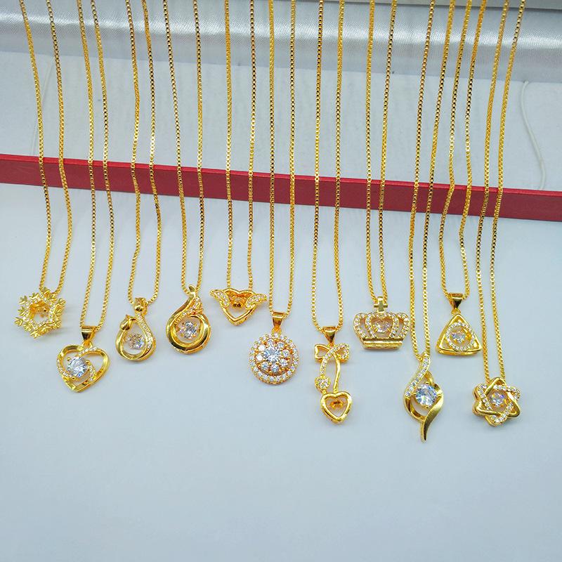 Vietnamese Sand Gold Heart Necklace with Gilded Brass Crown Pendant and Diamond Inlay In Multiple Styles